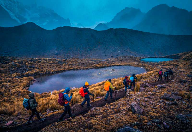 Group of hikers walking through the 7 Lakes of Ausangate