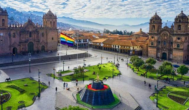 Visit Cusco Maravilloso, View of the main square of Cusco Peru showing Plaza de Armas with colonial arcades, cathedral, churches, and vibrant city life