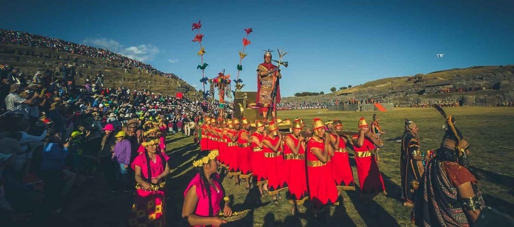 A vibrant moment from the Cusco festival of Inti Raymi comes to life in this photo, where performers dressed in traditional Inca attire reenact ancient ceremonies honoring the sun. Set against the historic backdrop of Cusco, the scene captures the energy, color, and cultural pride that make this celebration one of the most iconic events in Peru.