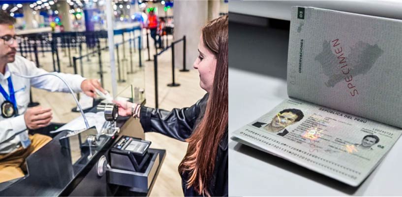 A traveler holding a passport at an international airport departure terminal preparing for overseas travel