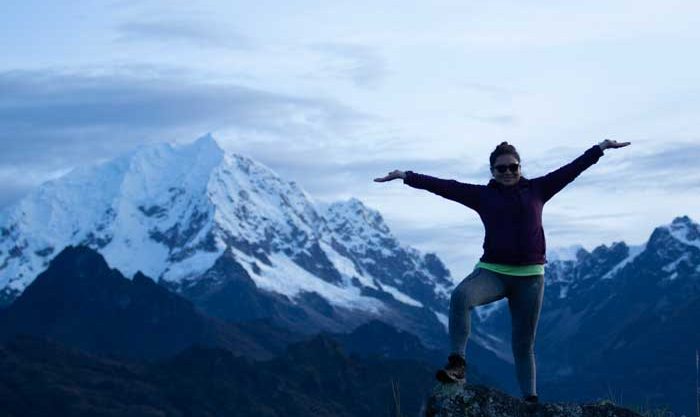 Adventure in the spectacular Salkantay route, Salkantay Trek in Peru showing snow-capped Salkantay Mountain, high Andean trails, lakes, and hikers on the route to Machu Picchu,