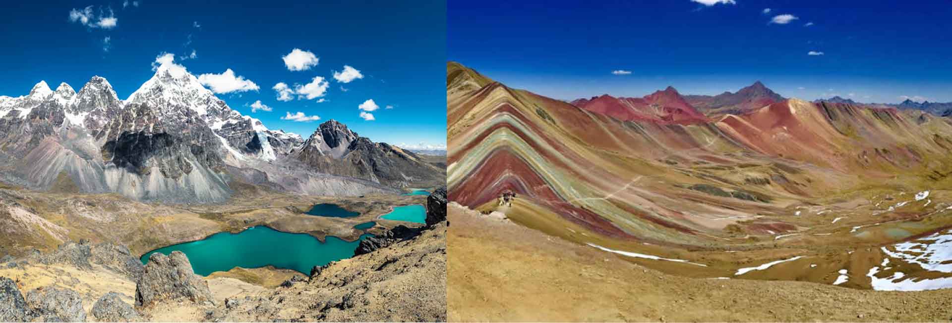 Ausangate And Vinicunca tour, Ausangate mountain and Vinicunca Rainbow Mountain in Peru with glaciers, colorful slopes, lakes, and high-altitude Andes scenery