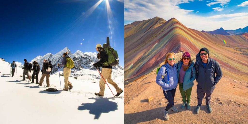 Comparison of the Ausangate Trek and Vinicunca Rainbow Mountain in Cusco Peru, featuring snow-capped peaks and colorful mountain landscapes, Ausangate and Rainbow Mountain