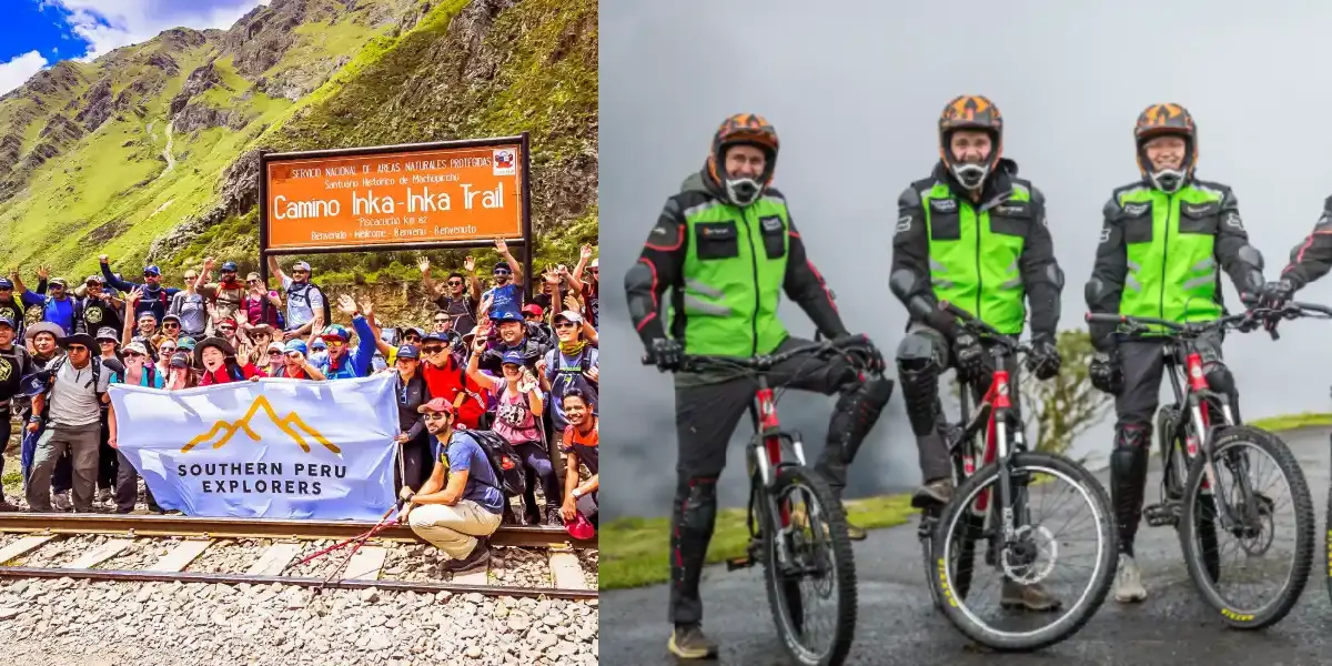 Split image comparing Inca Trail hikers and Inca Jungle mountain bikers, Peru