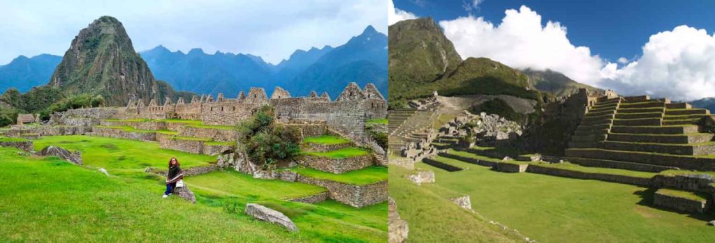 Machu Picchu main plaza in Peru with open grassy area, stone terraces, Inca buildings, and surrounding Andes mountains