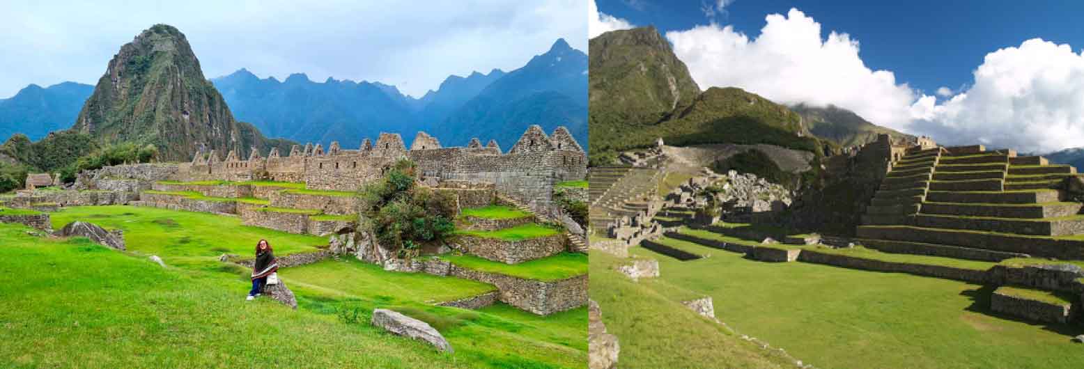 Machu Picchu main plaza in Peru with open grassy area, stone terraces, Inca buildings, and surrounding Andes mountains