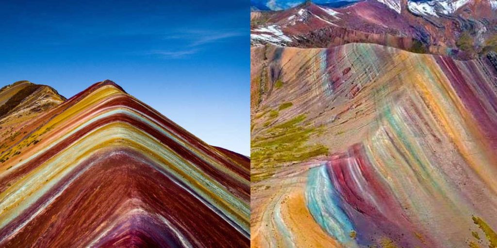 Rainbow Mountain Vinicunca in Cusco Peru with colorful striped slopes, snow peaks, and hikers at high altitude in the Andes