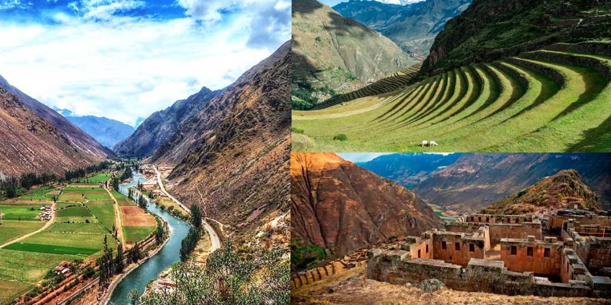 Cusco Day Trips. Sacred Valley Information, Sacred Valley of the Incas in Cusco with agricultural terraces, river valley, and mountains in the background