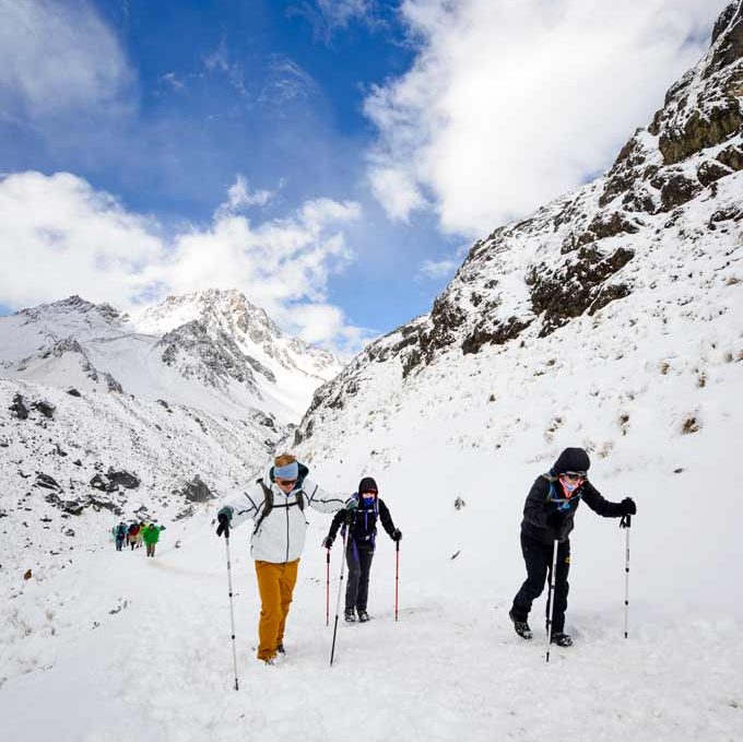 Epic Group of Men Hiking the Classic Salkantay Trek Through the Andes to Machu Picchu