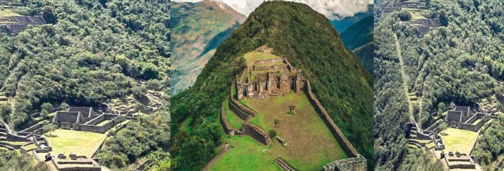 Aerial views of the Choquequirao ruins perched on a mountain ridge, Peru