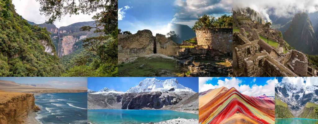 Collage of Peru's natural and cultural landmarks including Machu Picchu, Rainbow Mountain, and Gocta waterfall