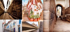 Collage of Cusco's cobblestone streets and Inca stone walls in the San Blas neighborhood, Peru