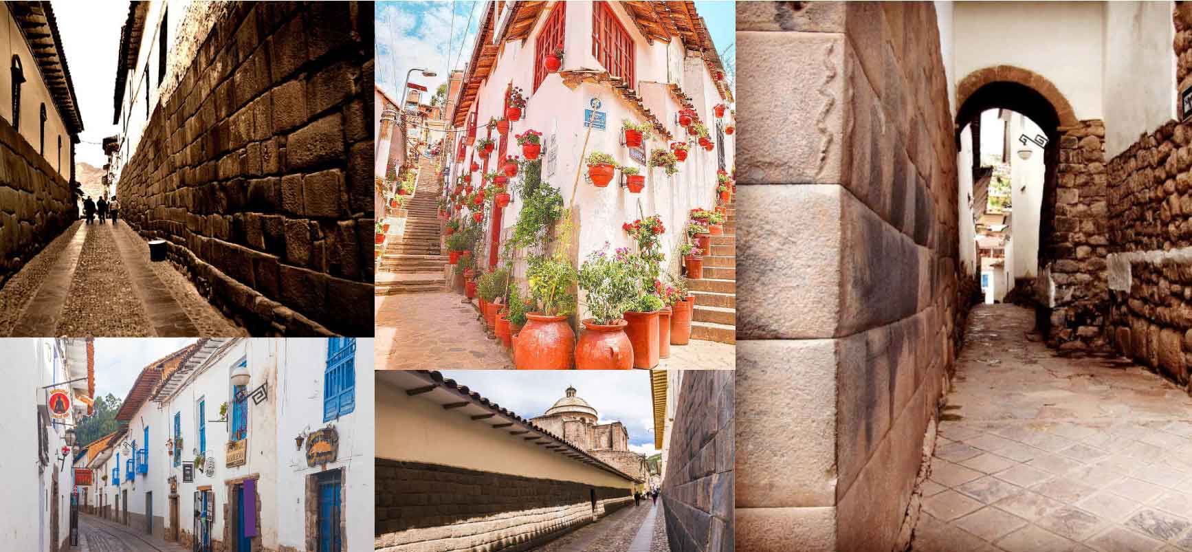 Collage of Cusco's cobblestone streets and Inca stone walls in the San Blas neighborhood, Peru