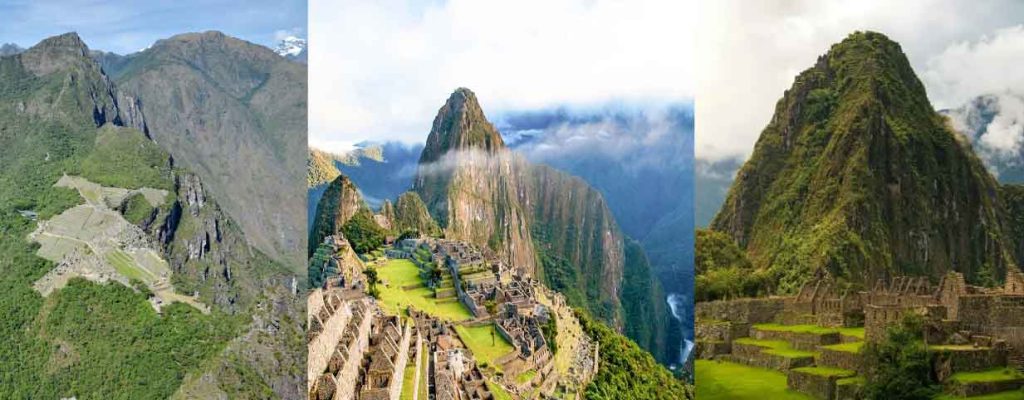 Machu Picchu citadel and Huayna Picchu mountain from three aerial angles, Peru.